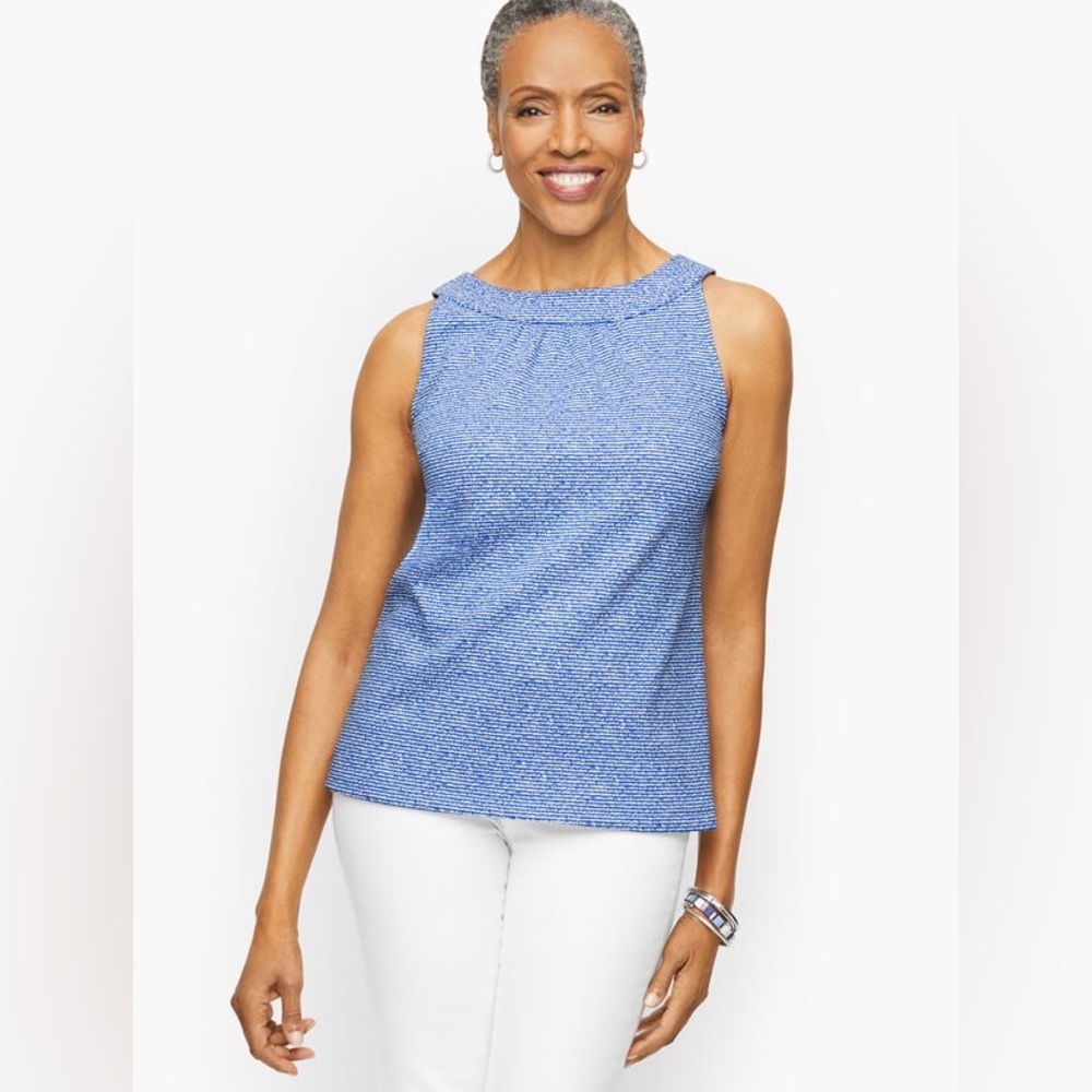 TALBOTS Petites Blue and White Striped Jacquard Sleeveless Halter Tank Top